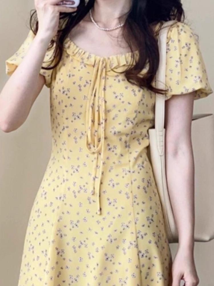 Dopamine Wears French Yellow Floral Dress Women's New Summer Beautiful Long Dress Small Man