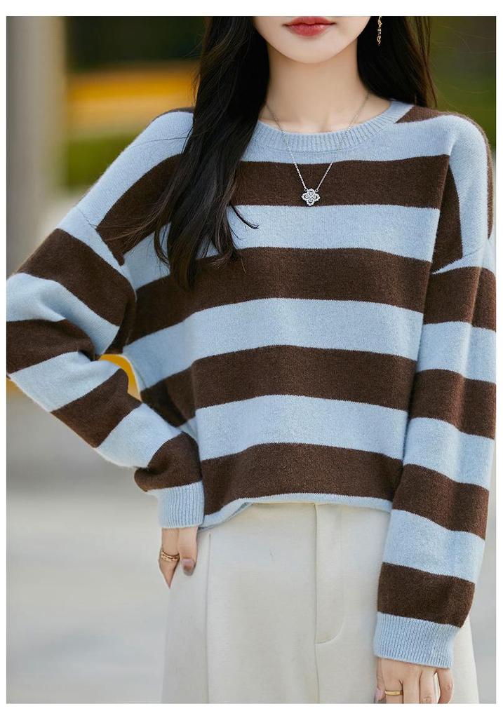 2026 Spring/Autumn Women's Round Neck Striped Wool Sweater - Loose, Casual, Versatile Knitwear