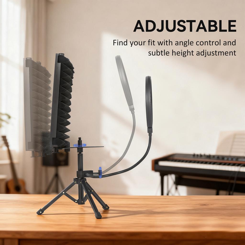 Studio Microphone Isolation Shield with Pop Filter and Tripod Stand, Foldable Adjustable Recording Studio Equipment