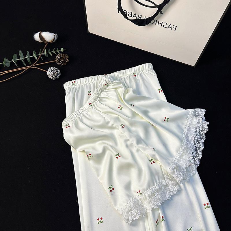 Women's Ice Silk Cherry Print Pajama Set - Elegant Summer Three-Piece Lounge Wear