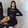 Pure Desire Spice Girl Mesh Splicing Long-sleeved Dress for Women's Autumn and Winter Bottoming, Waist and Thin Buttocks Short Skirt
