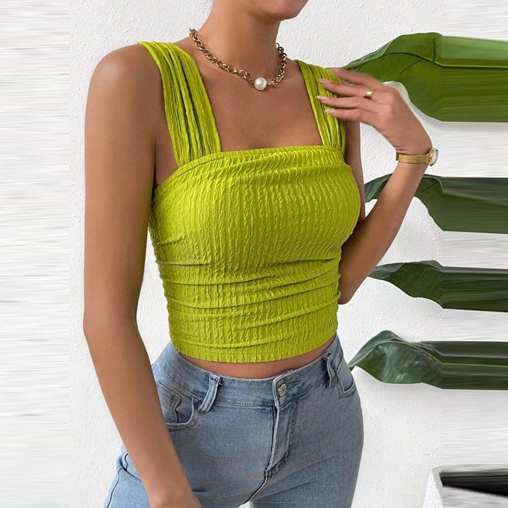 Dámské módní jednobarevné tílko s otevřeným pupkem a čtvercovým výstřihem přes rameno