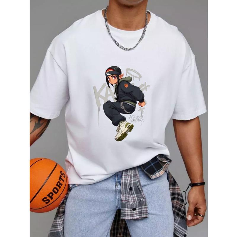 Crewneck T-Shirt White Anime Character Graffiti Print Streetwear Fashion Casual Wear