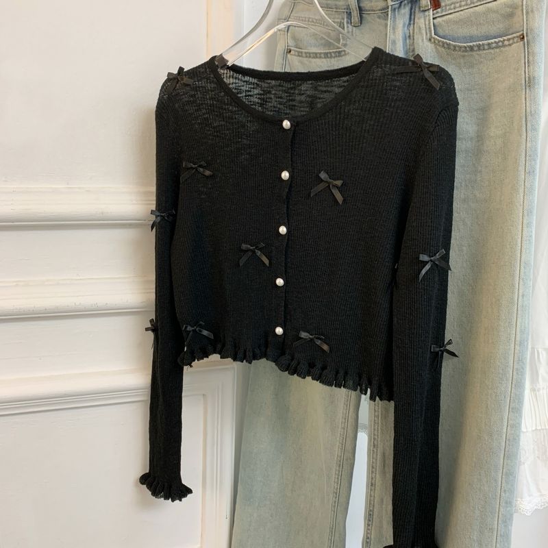 

Kor-anya Bamboo Linen Thin Sunscreen Knit cardigan Women Summer Wooden Ear Air Conditioning Blouse Short Top Black S