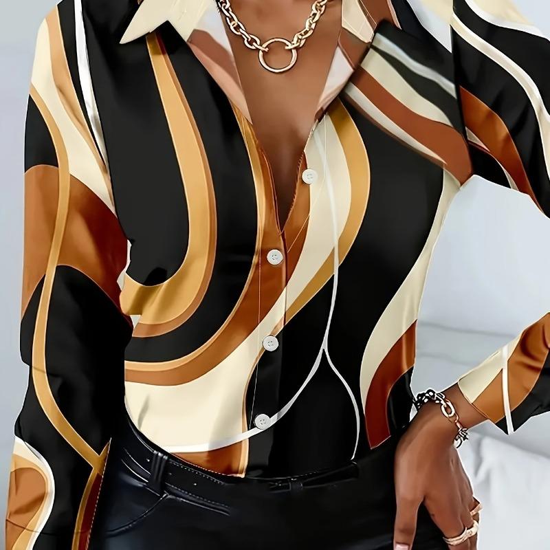 Women's Abstract Oil Painting Print Blouse Long Sleeve Button-Front Shirt