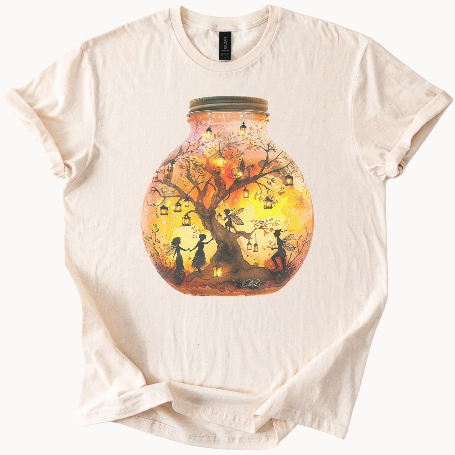 Fairy Lantern Tree Jar Graphic T Shirt Whimsical Fantasy Firefly Art Tee Magical Forest Silhouette Shirt Nature Lover Gift 120