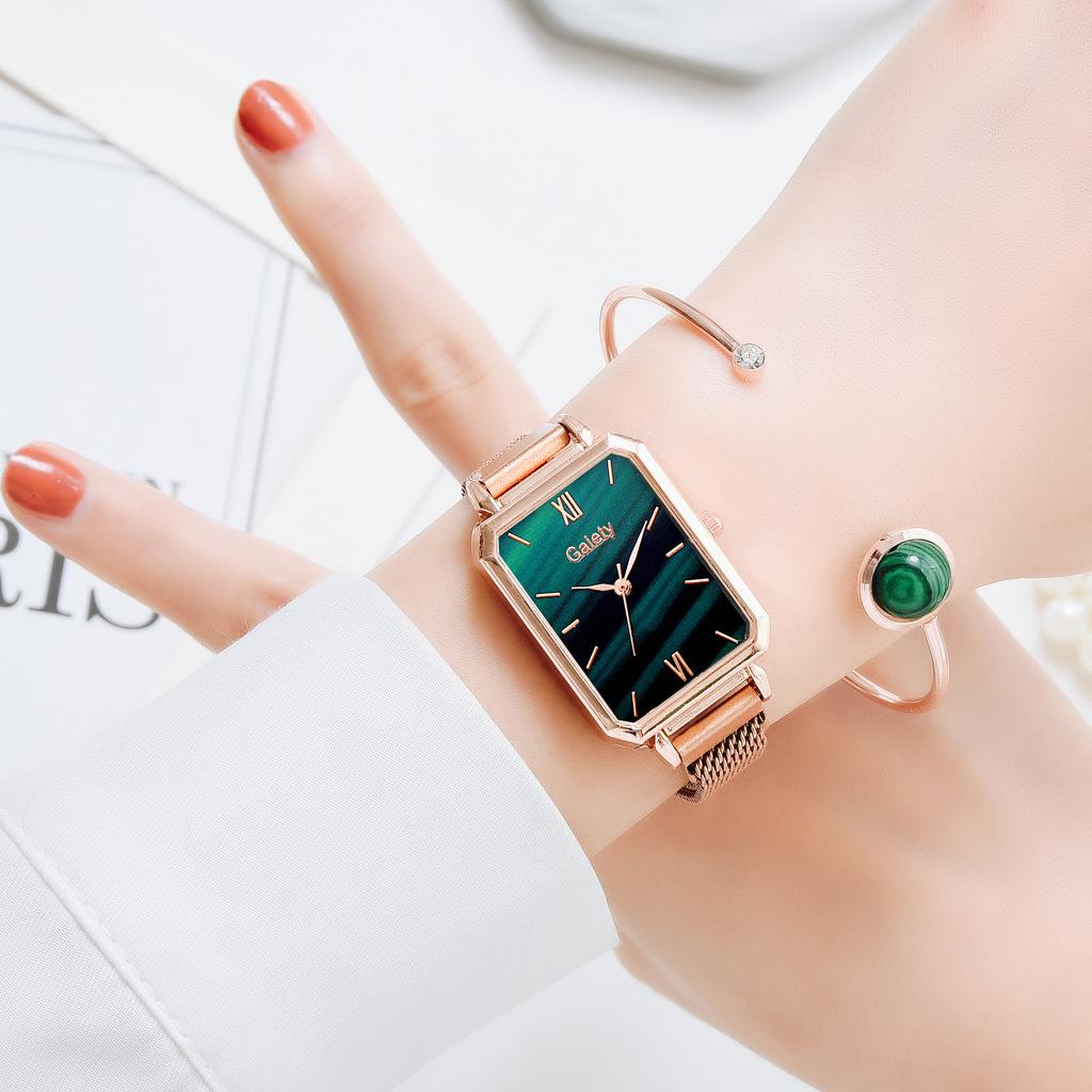 Rectangle Women Watch 2 PCS Set Bracelet Rose Gold Wristwatches Ladies Mesh Magnetic Luxury Simple Steel Female Watches Gift