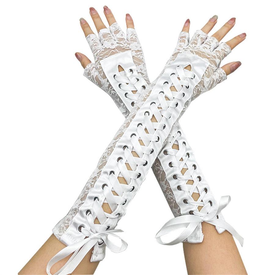 Guanti lunghi senza dita in pizzo con allacciatura a corsetto, Cosplay Gotico