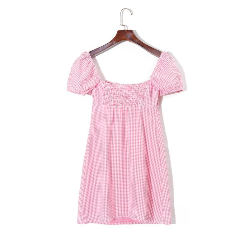 2025 Summer Women clothes Korean Style Fresh Color Matching Plaid Sweet Square Collar Puff sleeve High Waist Slim fit Younger Dress