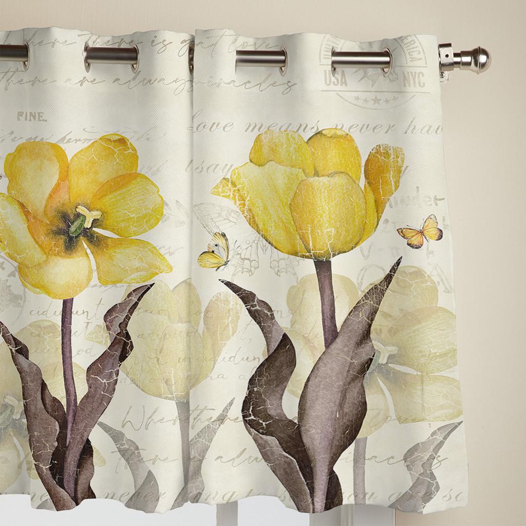 Vintage Flowers Butterflies Yellow Tulips Modern Window Curtains for Living Room Bedroom Curtain Kitchen Treatment Blinds Drapes