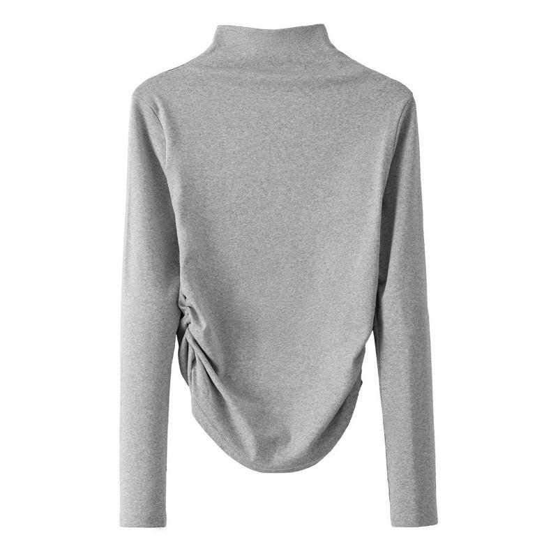Damen gekämmte Baumwolle Halbhoher Kragen Langarm Eng Anliegend Raffinierter Saum T-Shirt Top