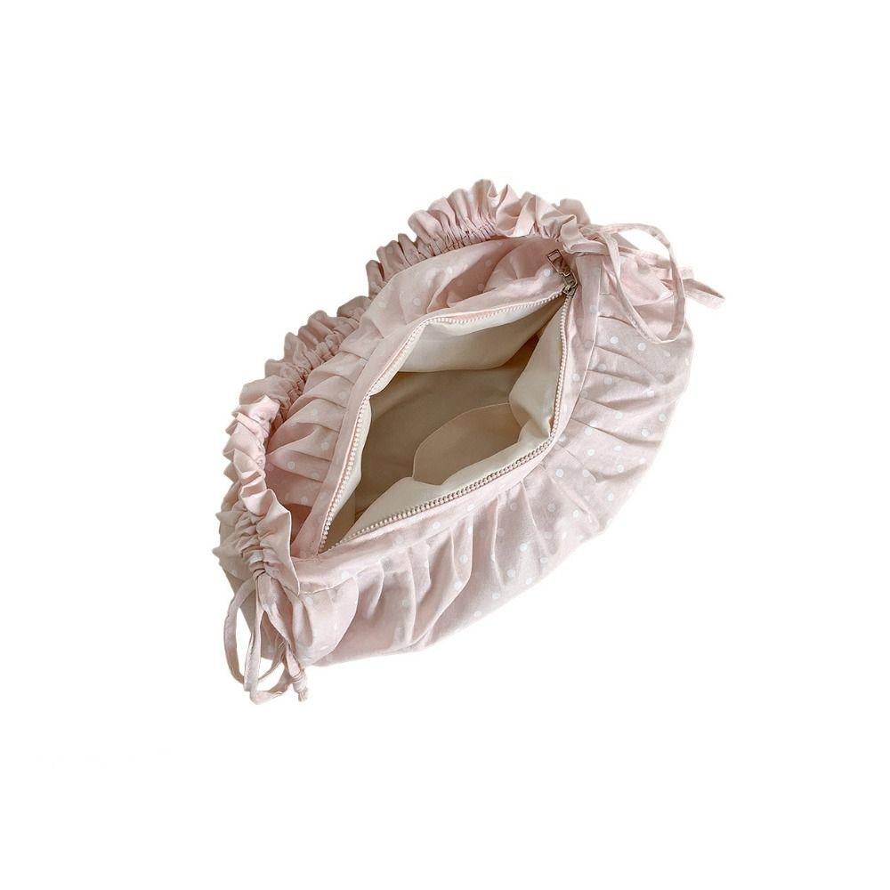 Korean Style Drawstring Shoulder Bag Lightweight Ballet Style Polka Dot Pleated Bag Dumpling Bag Large Capacity