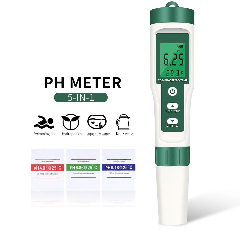 5 In 1 TDS/EC/ORP/Temperature/PH Meter Portable Water Quality Monitor Tester for Pools Drinking Water Aquariums