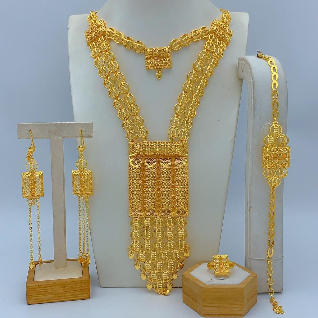 UAE Dubai Indian Bride Gold Plated 24K Gold Jewelry Four Piece Women's Necklace Bracelet Earrings Ring 2026