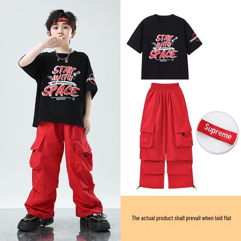 Kids' Hip Hop Dance Outfit: Boys' Trendy Set & Girls' Crop Top with Cargo Pants - Summer Jazz Performance Wear