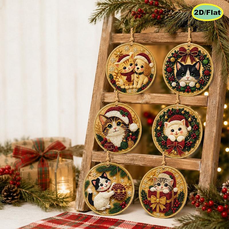 6pcs DIY Pearl Diamond Painting 2D Combination Set Animal Pattern Wooden Christmas Tree Pendant Holiday Party Artware Decoration