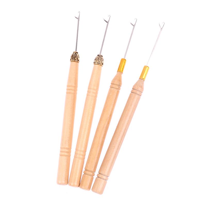 2Pcs Wooden Handle Hook Needle Lace Wig Making Knitting Micro Ring Loop Hair Extension Weaving Crochet Hook Needle Tools