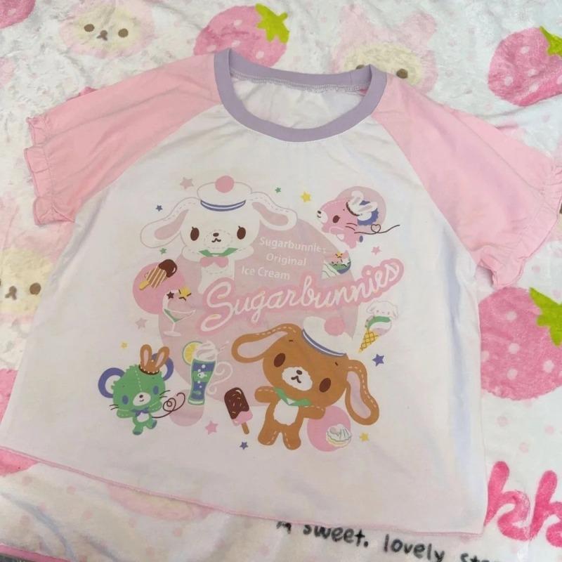 Sweet Kawaii Cartoon Tshirts Polka Dot Print Women T-shirt Loose Casual Contrast Color Cute Graphic Tee Tops Japan Y2k Aesthetic