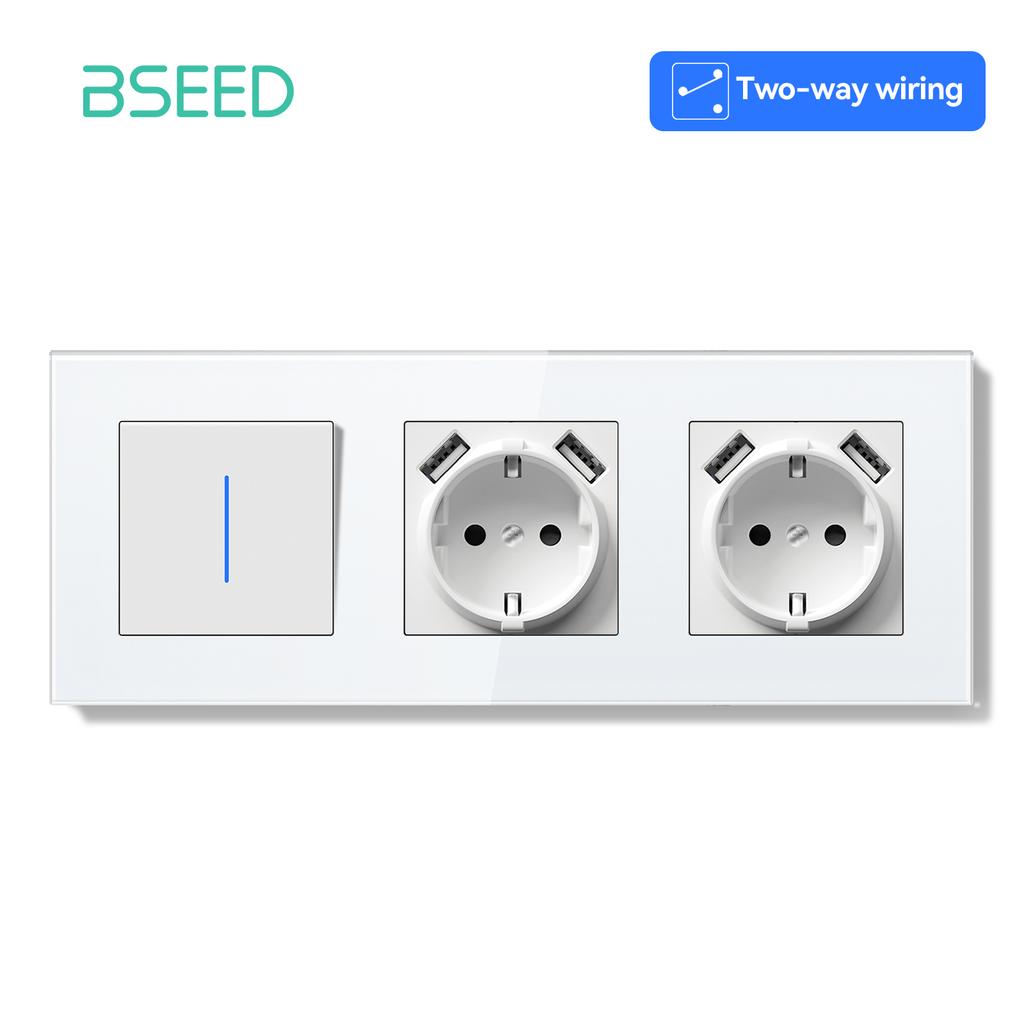 BSEED 1/2Gang Mechanical Light Switches 2way Pass Through Switch With EU Socket USB Type-c LED Indicator Glass Frames E Series