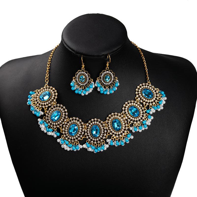 Bohemian Crystal Jewelry Set Fashion Vintage Ethnic Gemstone Tassel Necklace Earrings Set