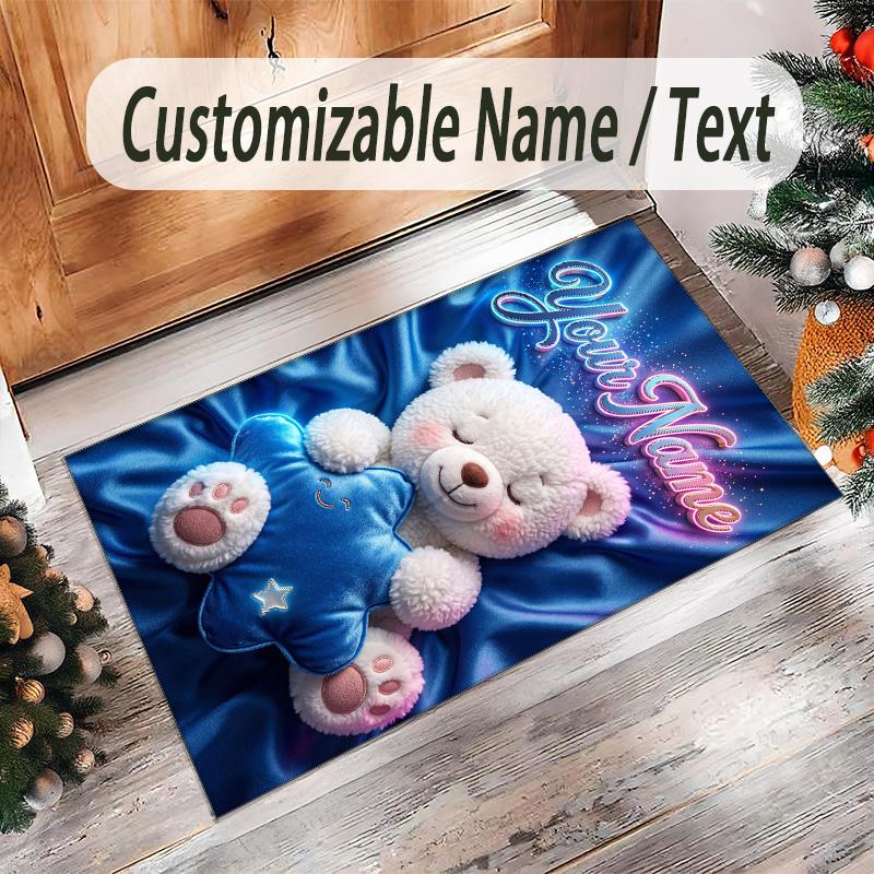 Teddy Bear Theme Crystal Velvet Rug Personalized Custom Name Text Soft Floor Mat Home Decor