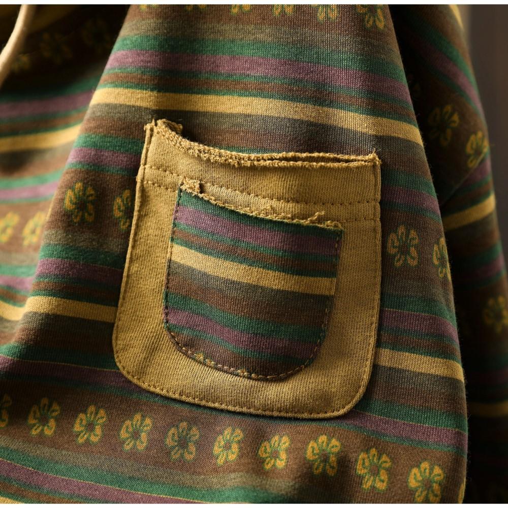 Women Pullover Hooded Striped Long Sleeve Autumn Patchwork Pockets Casual Loose T-Shirts