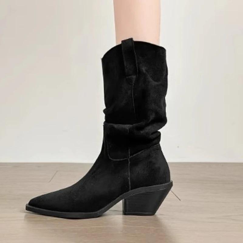 Women's Boots Luxury Suede Leather Casual Boots Fashion Pointed Toe Mid-calf Boots Thick Heeled Western Cowboy Boot Botas Mujer