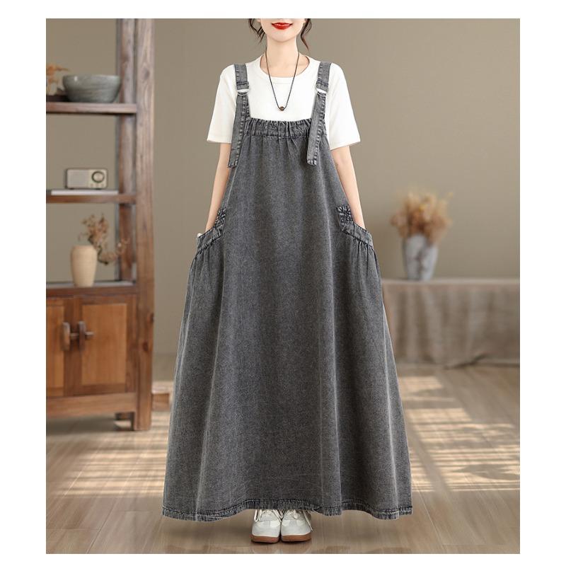 DIMANAF Women Plus Size Denim Dress Maxi Long Dress Sleeveless Vintage Loose Casual Basic Dresses Cottton