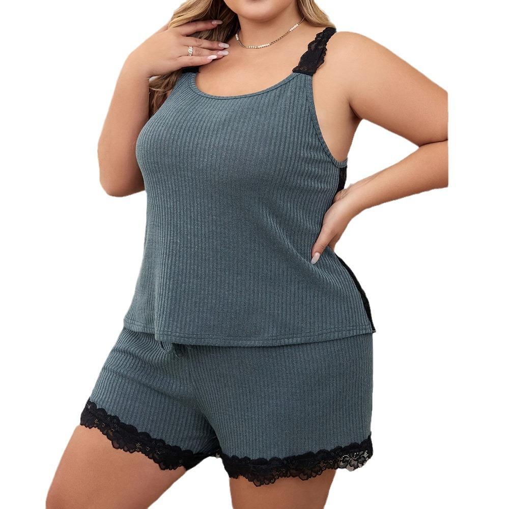 Women's Plus Size Home Wear New Summer Shorts Lace Patchwork Pajamas Set