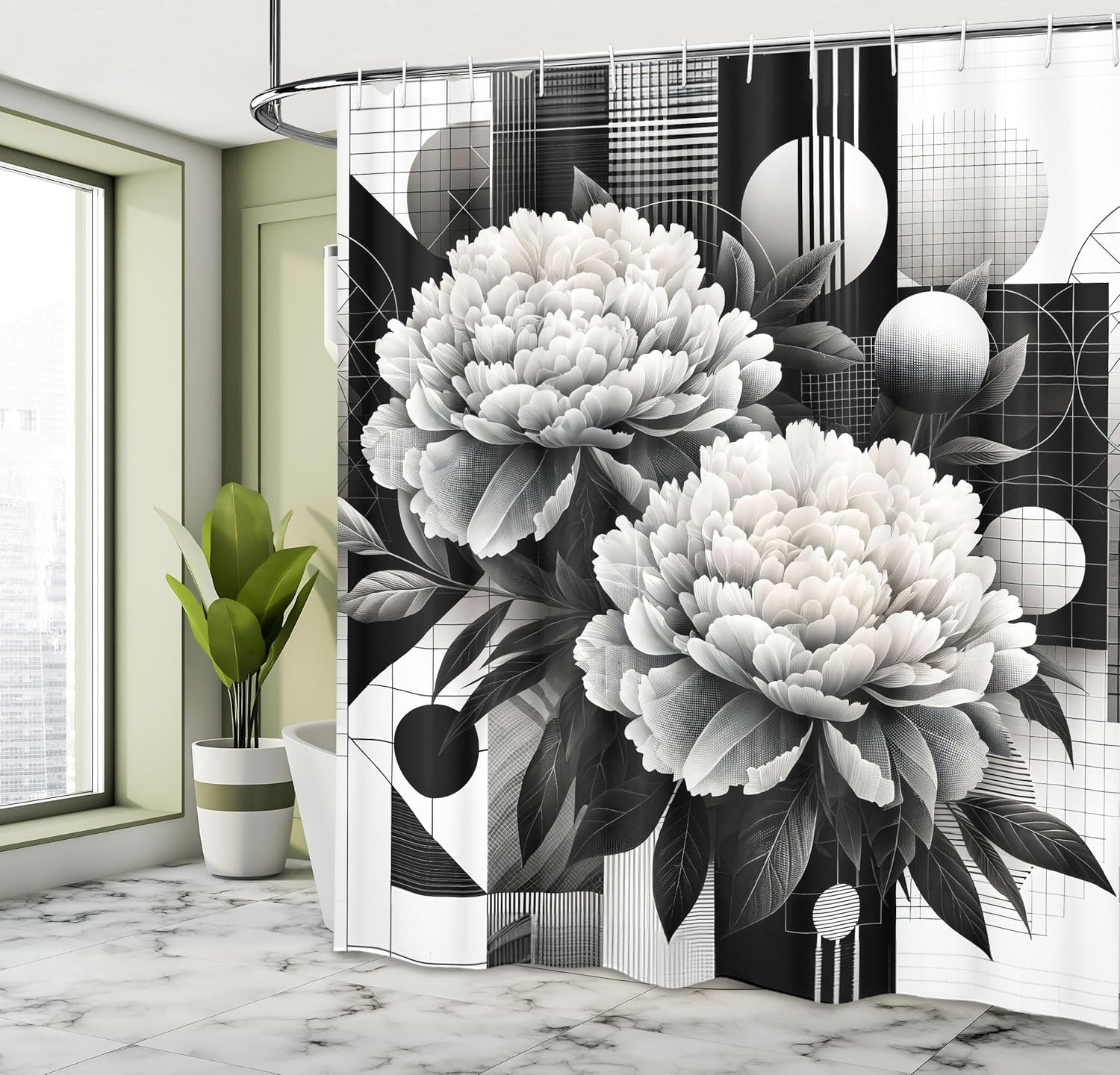 

Black And White Shower Curtain, Peony Blossoms On Mid Century Modern Geometric Motifs Print, Cloth Fabric Bathroom Dec W60H190(CM)-1 Pcs