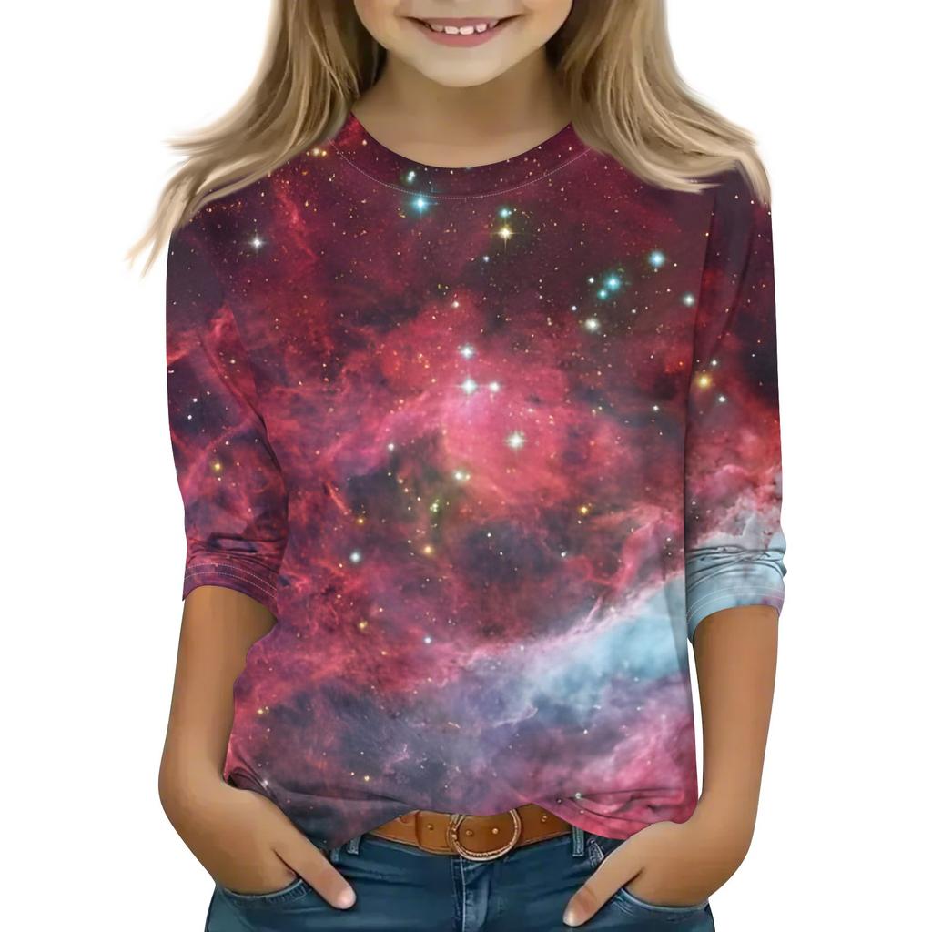 Bedruckte Oberteile für junge Mädchen von 5–16 Jahren, Rundhalsausschnitt, 3/4-Ärmel, T-Shirts, trendige Oberteile, Outfit-T-Shirts