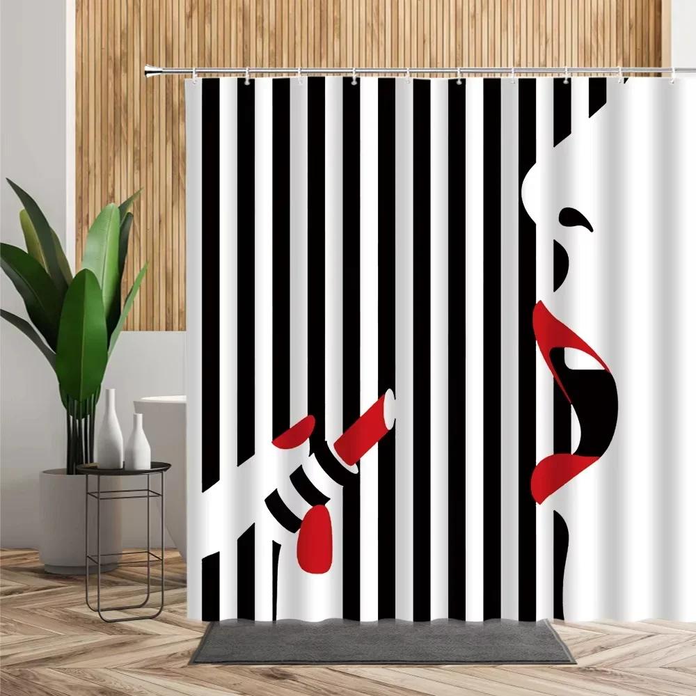 Fashion Girl Pattern Shower Curtain Black White Stripe Bathroom Decor Accessories American Style Bath Curtains Waterproof Cloth