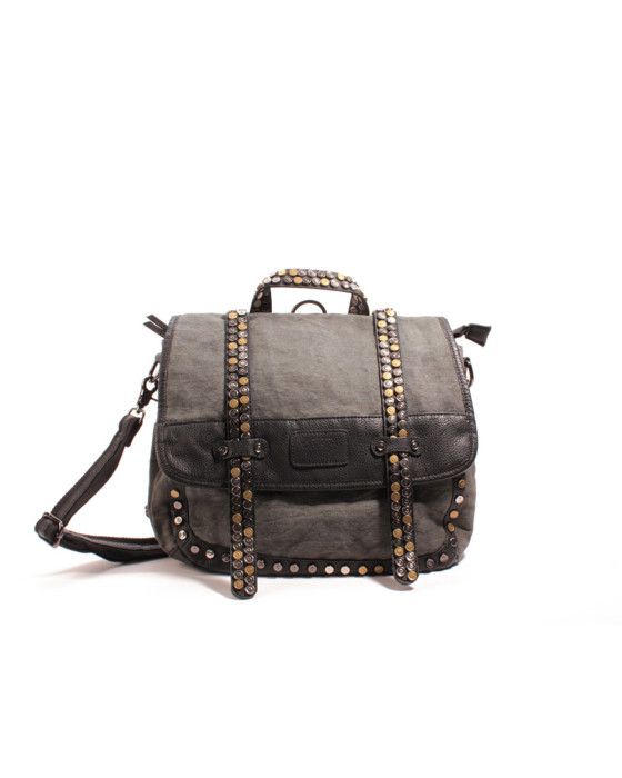 Cartable - Anthracite - Femme - Coton et Cuir - Dimensions 33x38x10 cm - Fermeture zippée