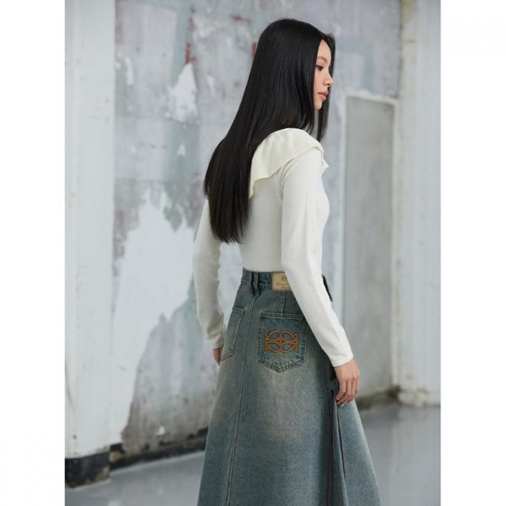 EGOIST Unbalanced Ruffle Knit Top Diagonal  Er3okl01 