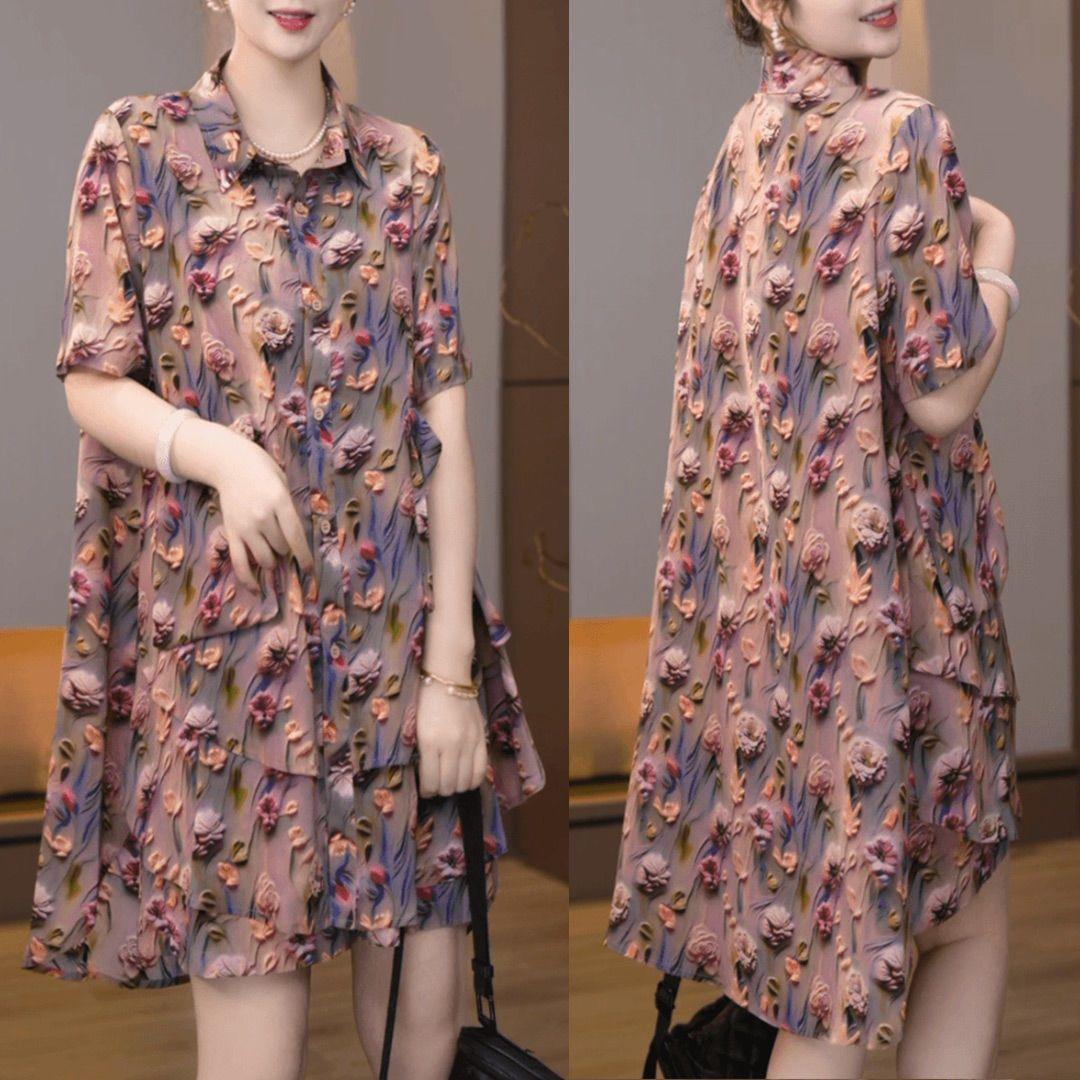 

Fashion Print Polo Collar Short Sleeve Tee Shorts Two Piece Set Women Summer Plus Size Slim Outfit M