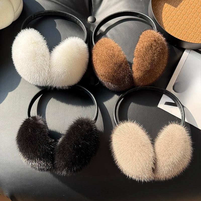 New Winter Luxury Women Warm Real Natural Mink Fur Earmuff Outdoor Fashion Mink Fur Earmuffs Girl Winter Ear Protection
