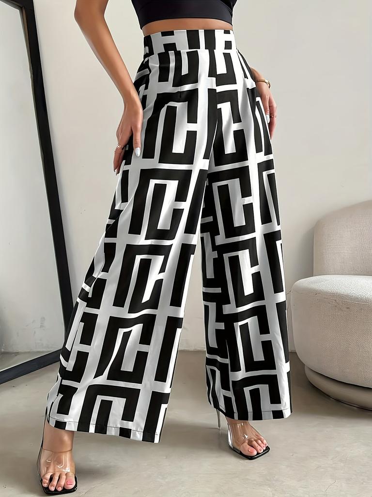 2026 Lässiger Eleganter Bohème-Stil - Weiter Bein Elastische Taille Zweifarbig Kariert Bedruckte Lockere Hose Weiter Bein Hose