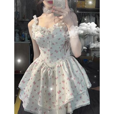 Small Fairy Puffy Short Dress White Floral Suspender Dress Female Summer Temperament Waist