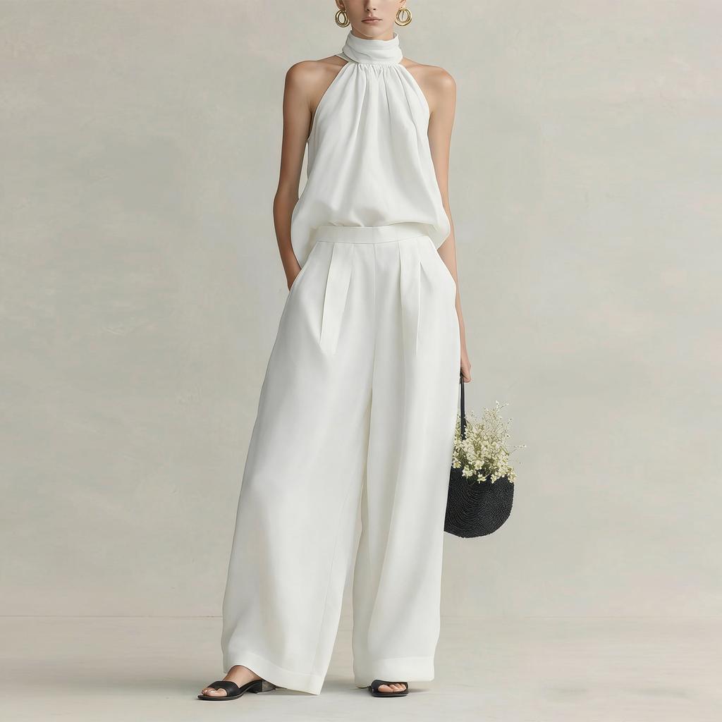 Damen ärmelloses Neckholder-Top und elastische Weitbein-Hose Zweiteiliges Set Baumwoll-Leinen Lässiges Outfit
