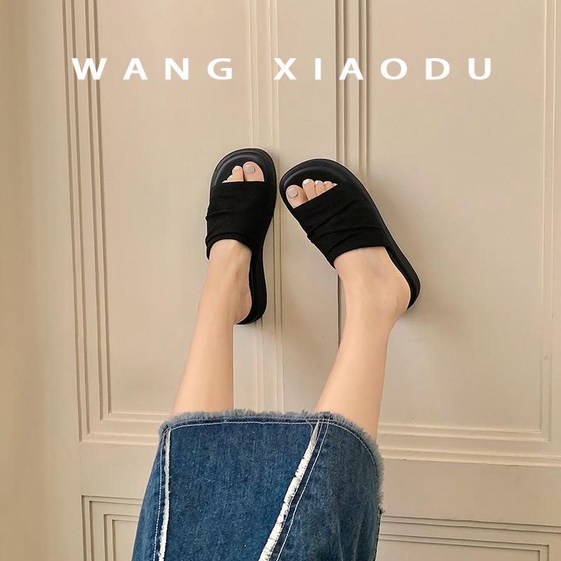 Sheepskin version~ linen pleated one-word thick-soled slippers women's summer vacation beach wear casual cool slippers