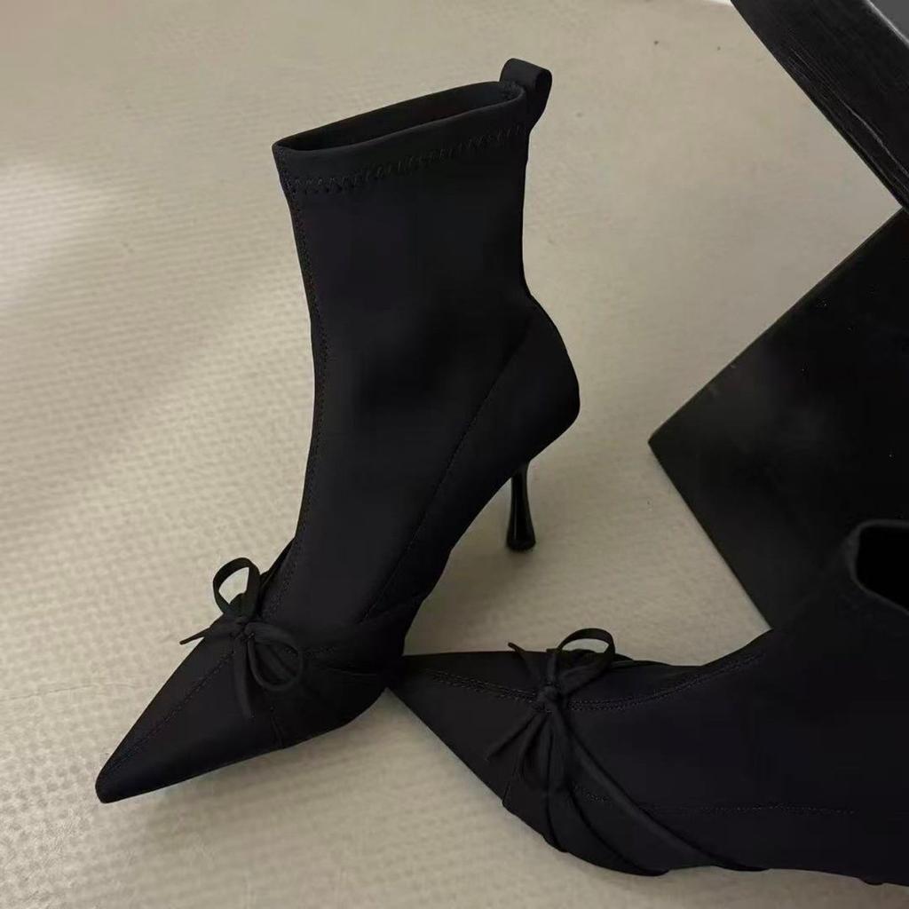 First encounter season French-style vintage pointed head thin heel satin bow short boots women's autumn and winter thin elasticity