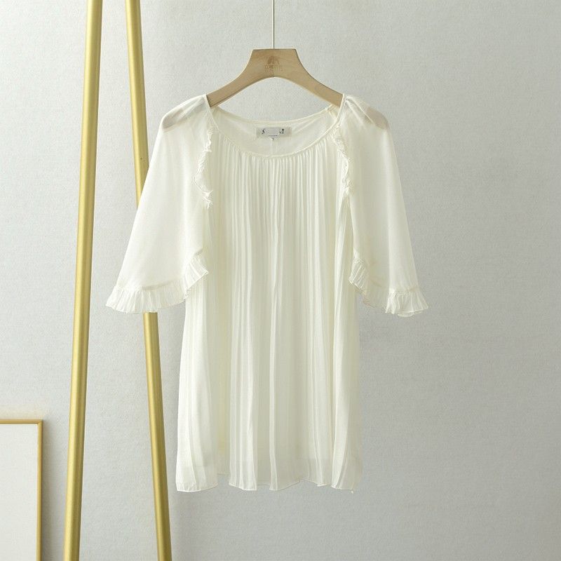 

Японская однотонная деревянная рубашка шифон в стиле Мори для женщин, летняя, девчачий стиль, Rb74, драпировка, круглый вырез, свободный приталенный силуэт, плиссированный топ White/flawed Ci 13