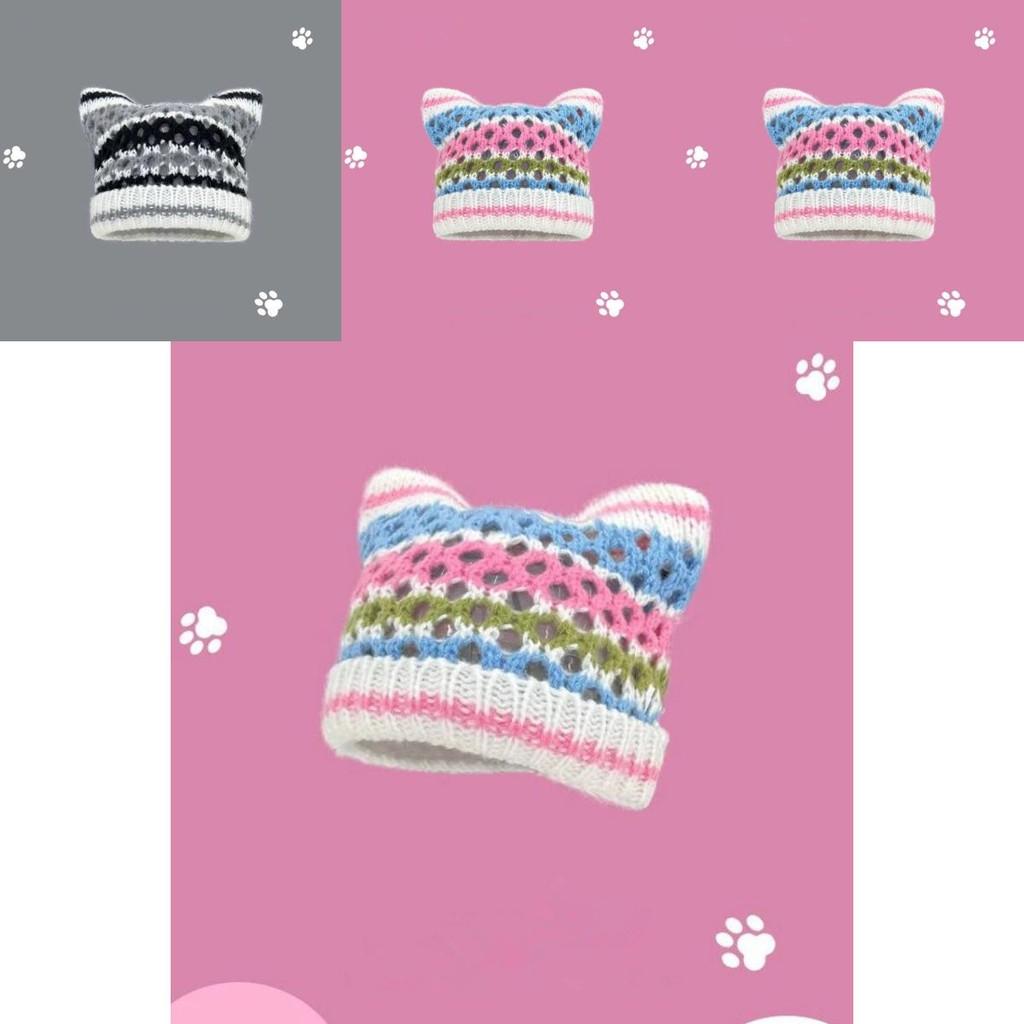 Playful Ear Cat Hand Knitted Beanie Hat For Women Charming Striped Design Perfect For Autumn And Fashion Winter