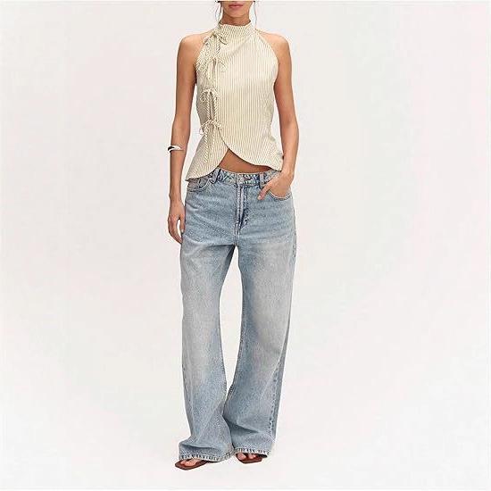 European & American Women's Asymmetrical Hem Striped Front-Tie Strapless Backless Tank Top