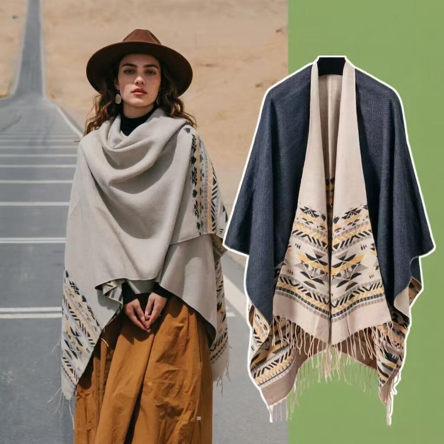 New Colorful Ethnic Style Shawl for Women, Tassels Fringe Thick Warm Cape for Travel Outdoor Outfit Accessory