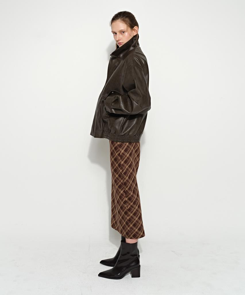 Beulaiteun Slit Check Long Skirt Brown