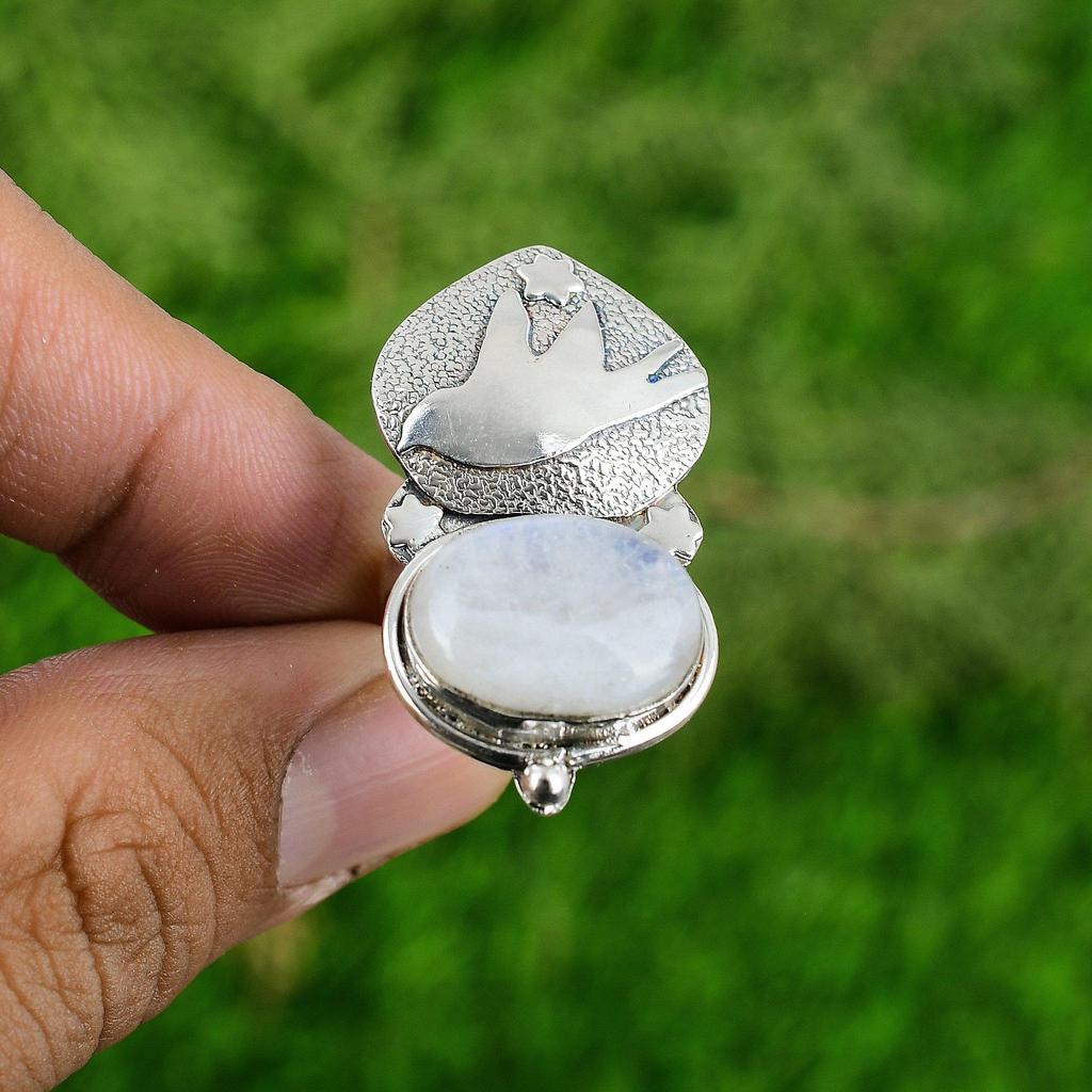 Natural Rainbow Moonstone 925 Silver Multi Stone Bird Adjustable Ring For Women