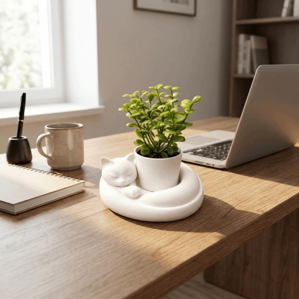 3D Printed Cat Sleeping Flowerpot Plastic Animal Shaped Planter Cat-Shaped Planter Pot Desktop