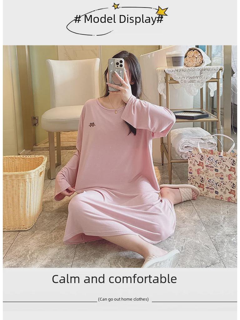 Modal Long-Sleeve Nightdress with Chest Pads for Plus-Size Women