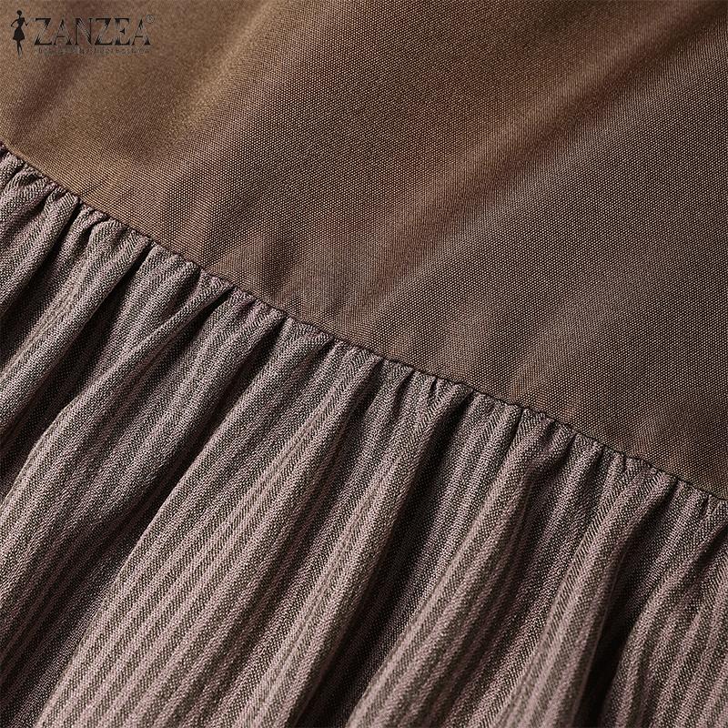 ZANZEA Women Casual Round Neck 3/4 Sleeve Loose Stripe Patchwork Long Dress